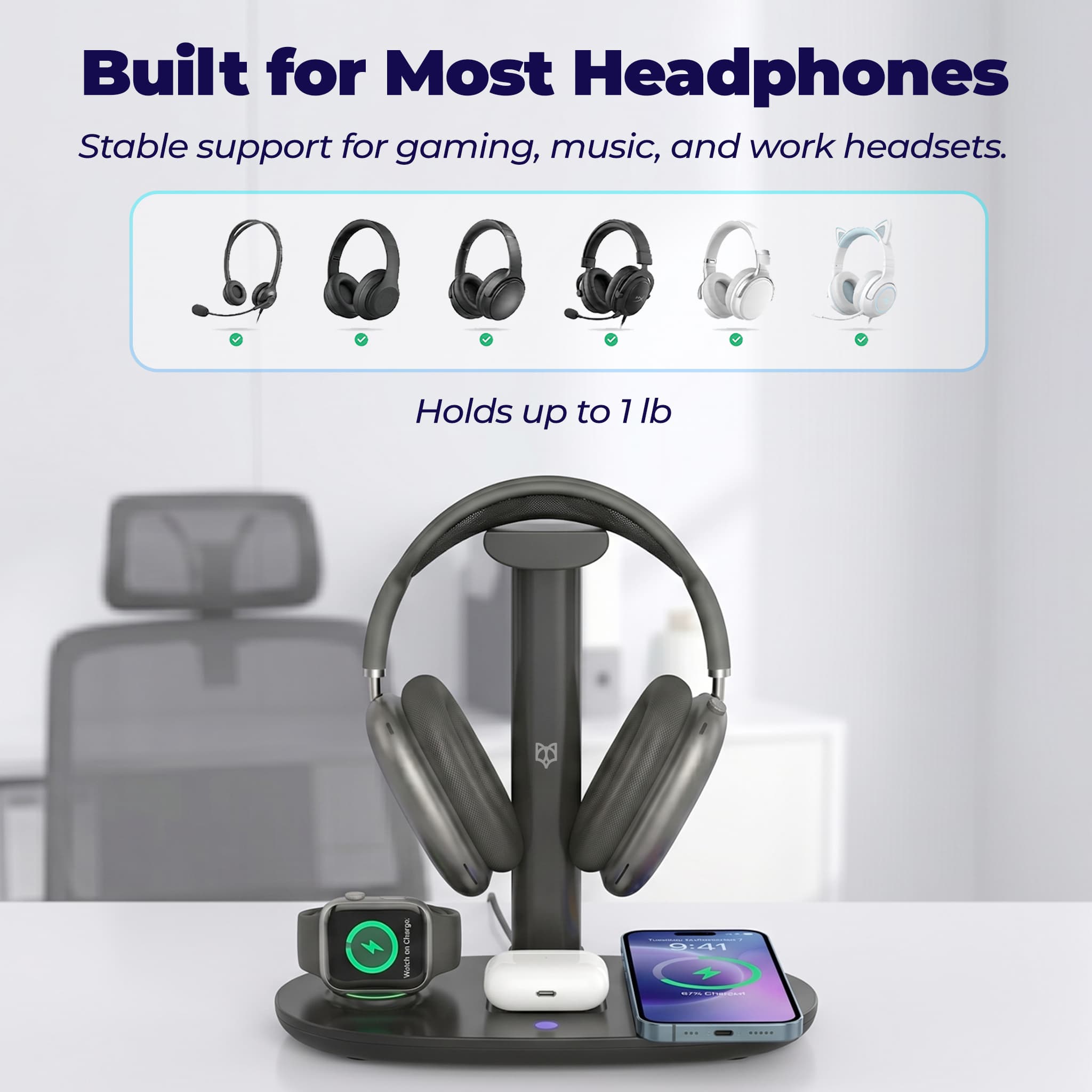 Gaming headphones mounted on the BeFox headphone stand